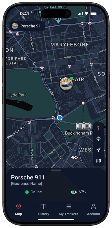 Redesigned map home — a single tracker with live status, battery and quick actions